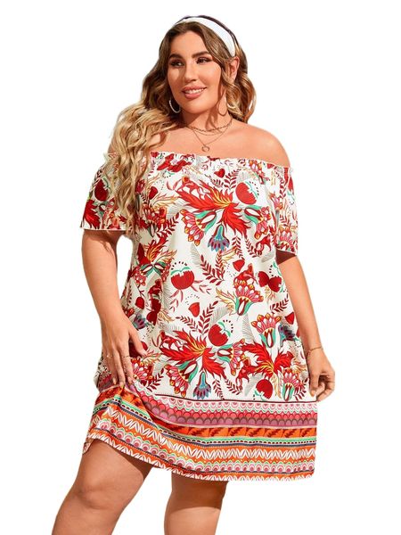

plus floral print off shoulder frill trim dress b7ks#, Black