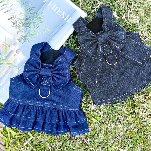 Hundehalsbänder Leinen Sommer Denim Kleid Geschirr Niedliche Schleife Welpenhemd Katze Jeans Weste Haustier Kleidung Outdoor Walking Brustgurt mit D-RingDog