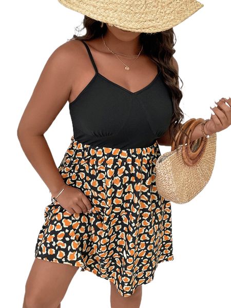 

plus leopard print cami dress u7km#, Black