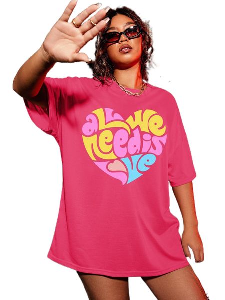 

plus slogan & heart print drop shoulder oversized tee h7ev#, Black