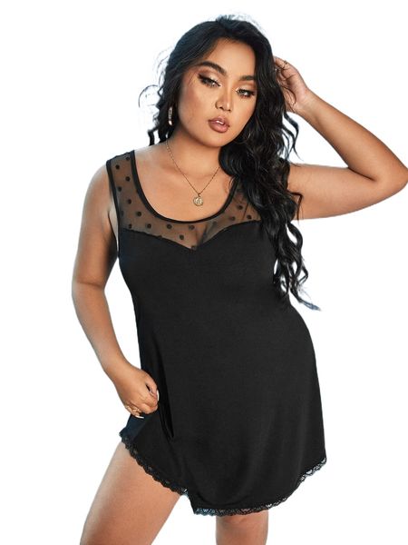 

plus contrast dobby mesh nightdress g798#, Black;white