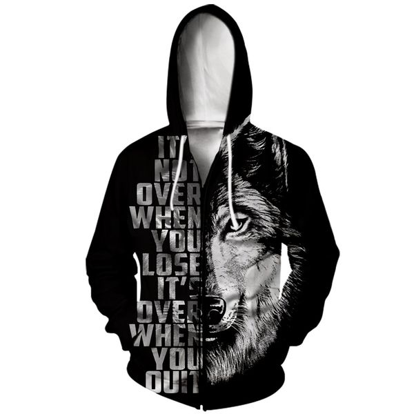 Outono / Inverno Novo 3D Animal Lobo Imprimir Hoodie Europeu e Americano Homens Solta Pullover Zip Hoodie