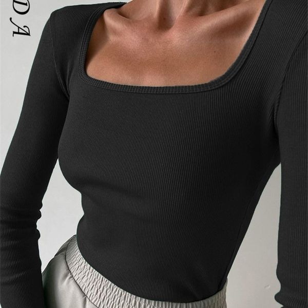 

fsda square neck green long sleeve t shirts women knitted autumn winter black basic ribber white khaki shirt casual y2k 220408