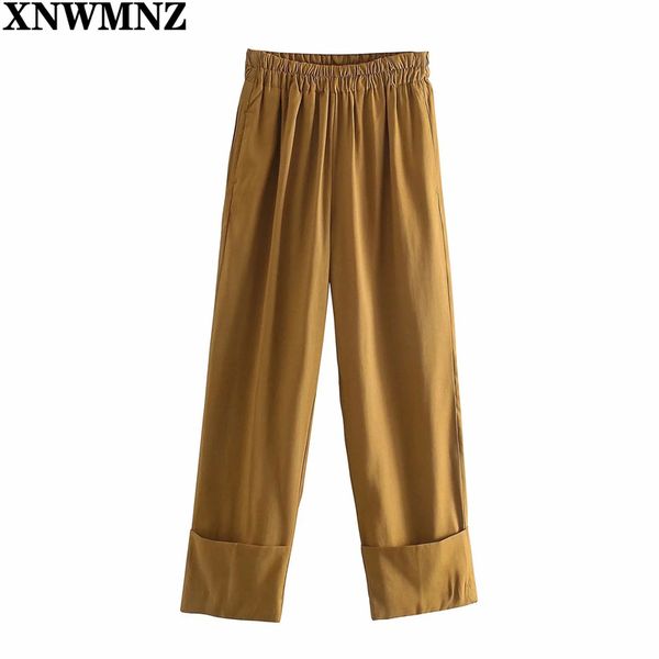 

xnwmnz women trousers with turnup hems fashion office straight pants female vintage elastic high waist pockets long pants 210513, Black;white