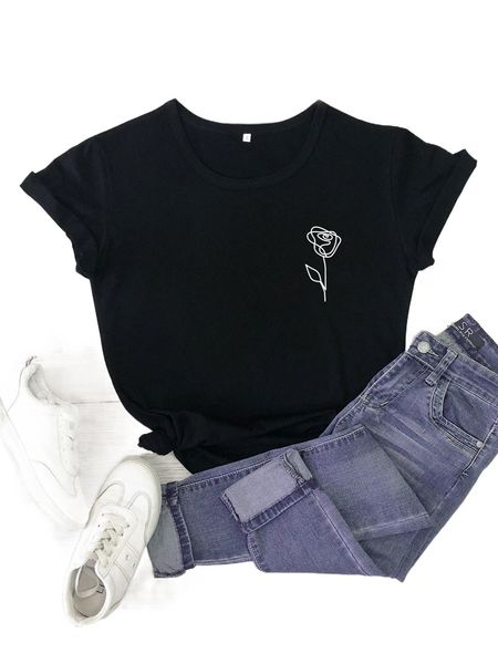 

plus floral print crew neck tee q64p#, Black