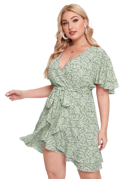 

plus ditsy floral butterfly sleeve belted wrap dress i2x0#, Black