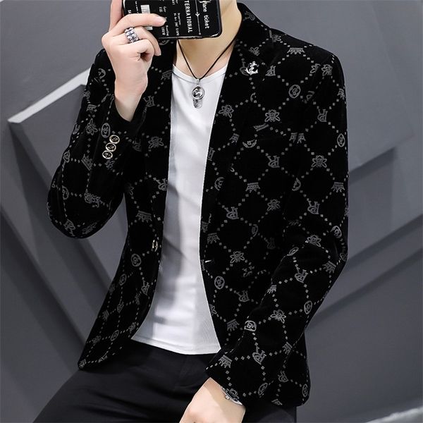 Moda Sonbahar Yakışıklı Adam Siyah Baskılı Kadife Erkek Gençlik İnce Küçük Resmi Elbise Tek Takım Elbise Ceket Erkek 220520
