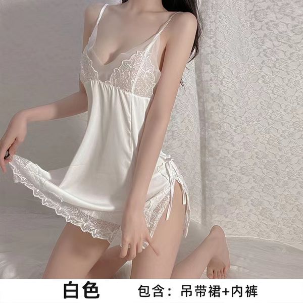 

pyjamas net red v-neck ice silk sling open fork posture, Black;white