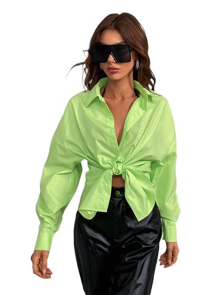 

solid drop shoulder button up oversized shirt 20g0#, White