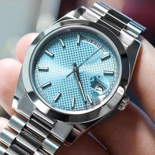 Homens de platina masculino daydates mestre movimento mecânico automático relógios icedout mostrador azul relógio de safira pulseira de aço 316L montre de luxe relógios de pulso mestre