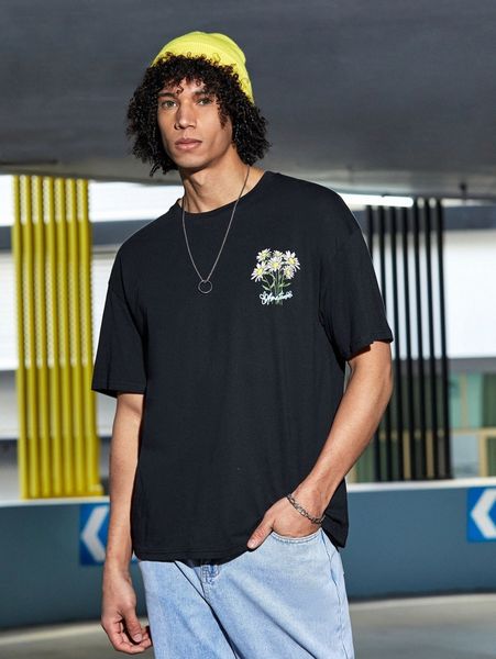 

men floral and letter print drop shoulder tee q1bs#, White;black
