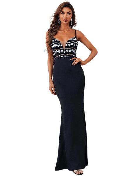 

missord sequin insert floral pattern lace up back mermaid hem prom dress h2wp#, Black;gray