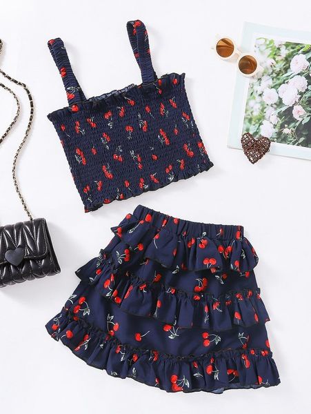 

toddler girls cherry print shirred cami & ruffle hem skirt she, White