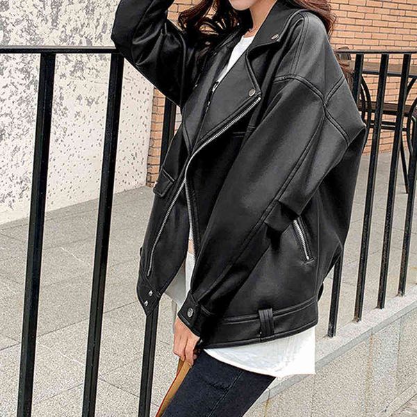 

faux leather jacket women casual pu loose motorcycle jackets female streetwear oversized coat korean chic autumn leather jacket l220728, Black
