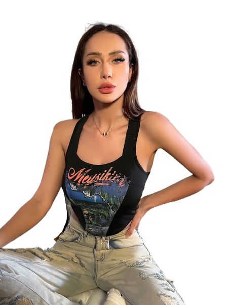 

meysi kim letter graphic racer back asymmetrical hem tank 53rv#, White