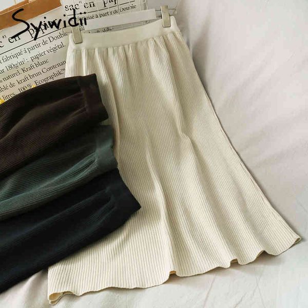 

elastic high waist skirt women midcalf casual aline solid black green spring summer korean fashion skirts 210415