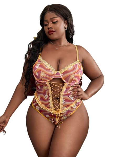

plus floral print contrast lace lace-up front underwire teddy bodysuit l7u5#, Black;white
