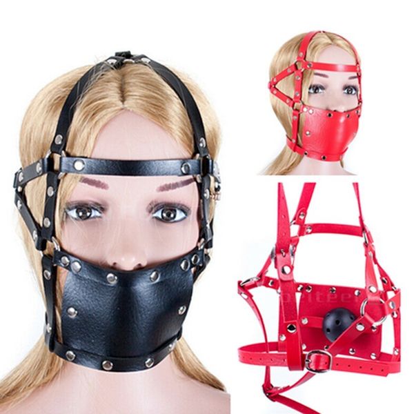 Neues PU-Leder-Haube-Kopfgeschirr mit offenem Mundknebel, 44 mm, Ball-Fetisch-Zurückhaltung, Gesichtssklave, Knechtschaft, Rollenspiel, sexy Spielzeug für Frauen