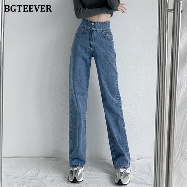 BGTEEVER Vintage Botão dupla solta Feminino calça jeans fêmea calça jeans da cintura alta da cintura