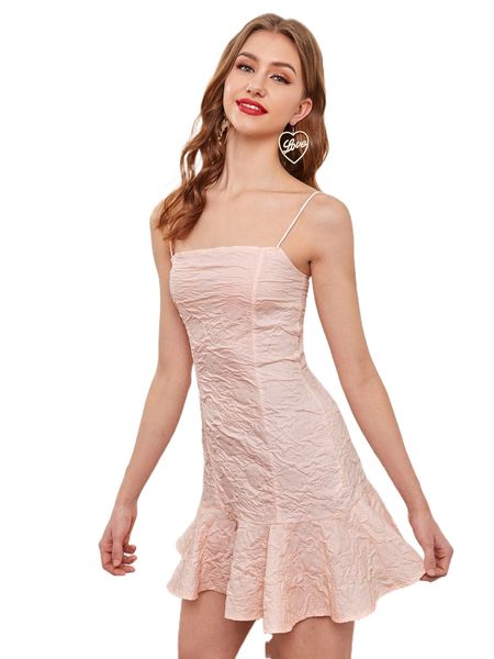 

ruffle hem zip up cami dress 98by#, Black;gray