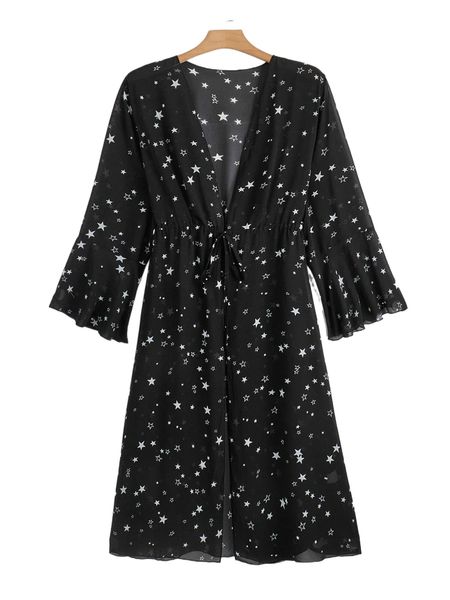 

plus geo print tie front kimono o23r#, Black;gray