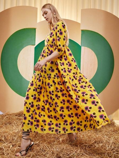 

x floral sunflower print lantern sleeve smock dress d4ph#, Black;gray