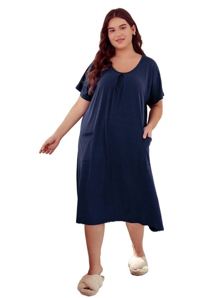 

plus dual pocket batwing sleeve nightdress p7th#, Black;white