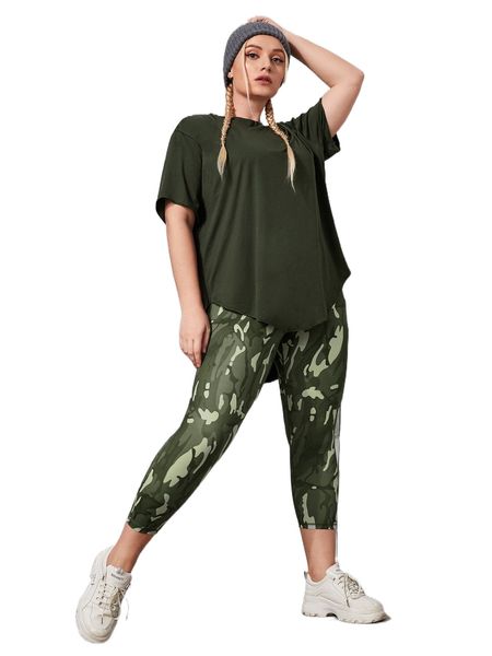 

plus breathable high stretch sports tee with leggings 75gp#, Black