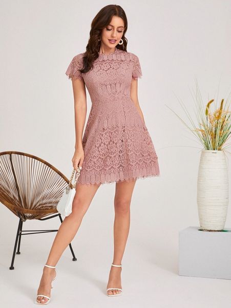 

solid zip back fit and flare lace dress x9sp#, Black;gray