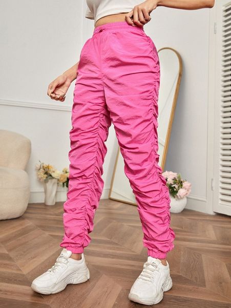 

petite drawstring waist solid stacked pants 64bu#, Black;white
