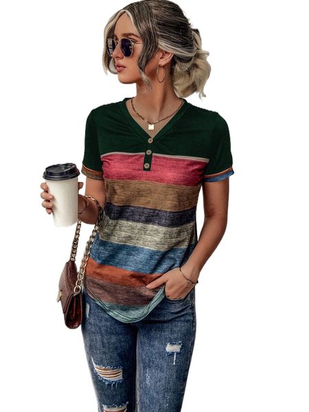 

stripe button front v neck tee z3ce#, White