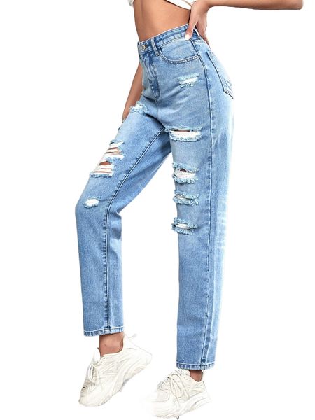 

tall high waist ripped frayed mom jeans d1qb#, Blue