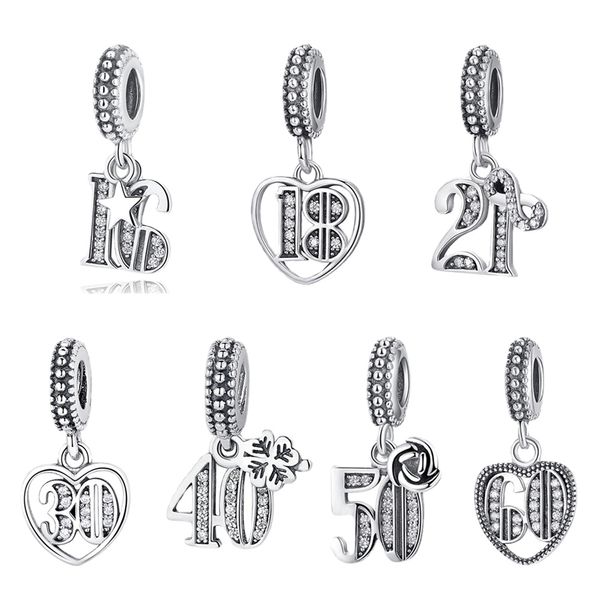 Original 925 Sterling Silver Bead Charme 18 30 60 anos de amor Charms pendentes Crystal Fit Pandora Bracelets Mulheres Jóias Diy