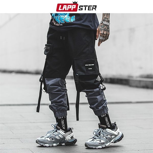 Lappster Pachwork Cargo Pants Streetwear Hip Hop ленты бегут брюки мужчина в японском стиле черный случай повседневных брюк мода 201128