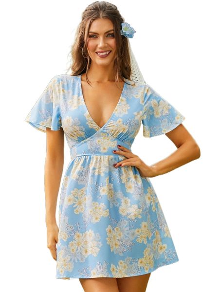 

sbetro floral print butterfly sleeve a-line dress u5fk#, Black;gray