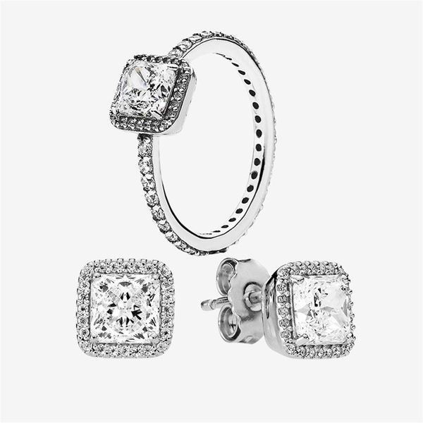 

wedding ring & earring sets authentic 925 silver jewelry for pandora square cz diamond elegant rings stud earrings with original b246e, Slivery;golden
