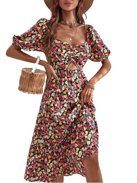 

all over print ruched cut out dress z6ja#, Black;gray