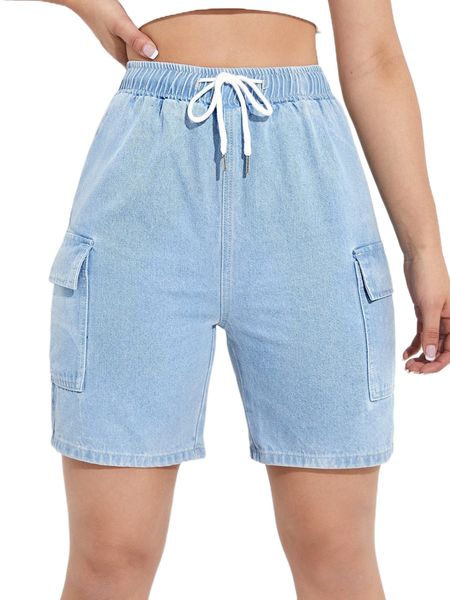 

flap pocket side drawstring waist denim shorts a3rk#, White;black