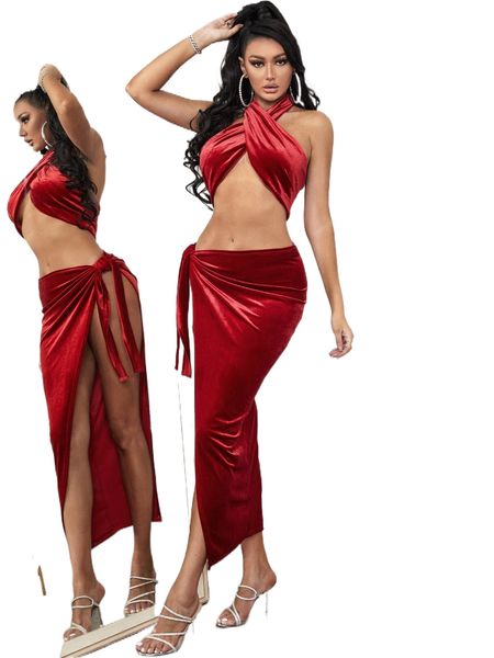 

crisscross tie backless velvet halter and knot side skirt set t7pe#, White