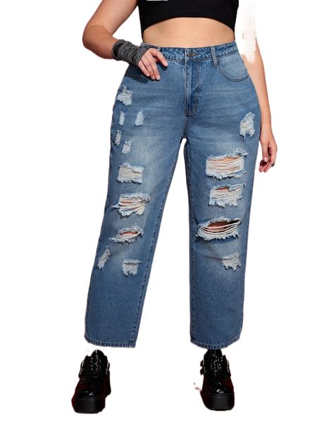 

plus high waist ripped cat whisker jeans r1nc#, Blue