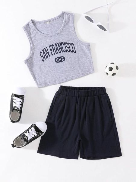 

girls letter graphic tank & shorts she, White