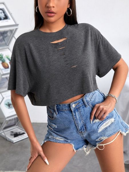 

solid drop shoulder cut out crop tee 61t3#, White