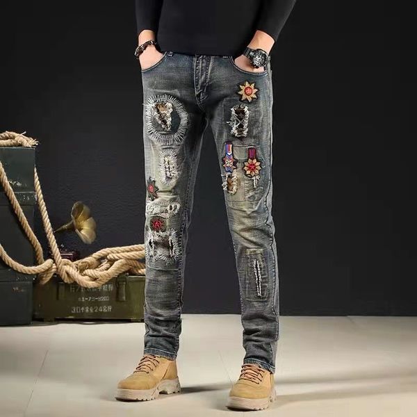 

embroidered jeans men's fashion brand knee hole personality badge retro nostalgic thin elastic beggar pants patch fashion, Blue