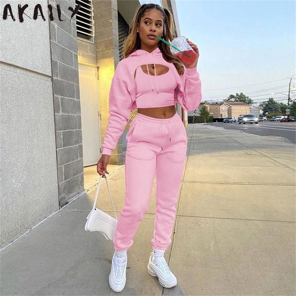 Akaily Autumn Fleece Pink 3 Conjuntos de três peças Tracksuit Women Roupfits Sorto Sunda de suor de Modos de manga longa Cultura de colheita e calças