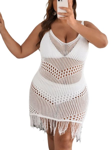 

plus hollow out fringe hem cover up dress without bikini g0t1#, Black