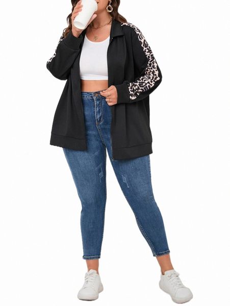 

plus contrast leopard drop shoulder jacket 71pu#, Black