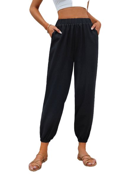 

elastic waist slant pocket carrot pants x9rv#, Black;white