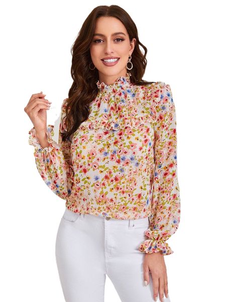 

floral print shirred neck lantern sleeve n3kt#, White