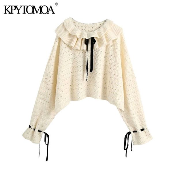 

kpytomoa women fashion hollow out ruffled cropped knitted sweater vintage high neck long sleeve female pullovers chic 201222, White;black