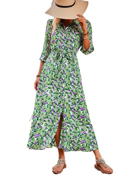 

allover floral print belted shirt dress 46cx#, Black;gray